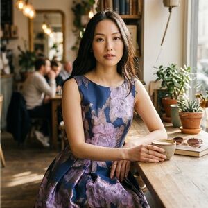 Eliza J Navy & Lavender Floral Jacquard Fit-and-Flare Dress